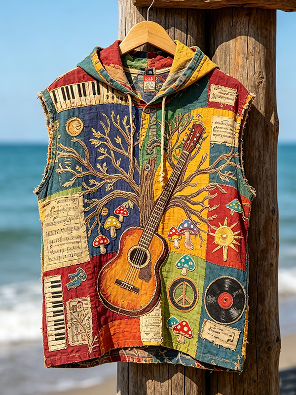 Men'S Colorful Hippie Music Art Print Workout Hooded Tank Top