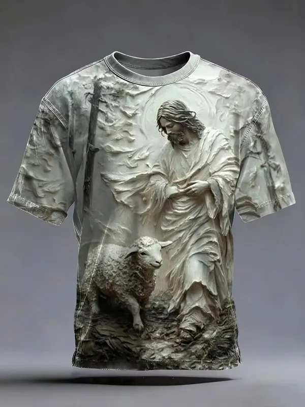 Men's 3D Stone Sculpture Jesus And Lamb Print T-Shirt