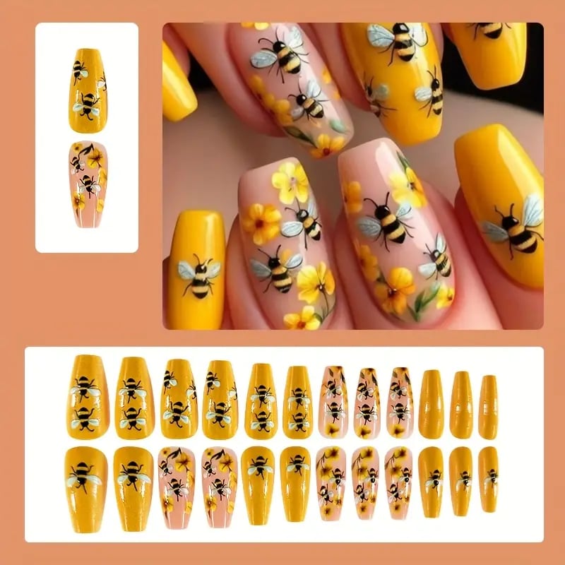 🐝Adorable Bee & Flower Press On Nails--– Save the Bees in Style!🌻