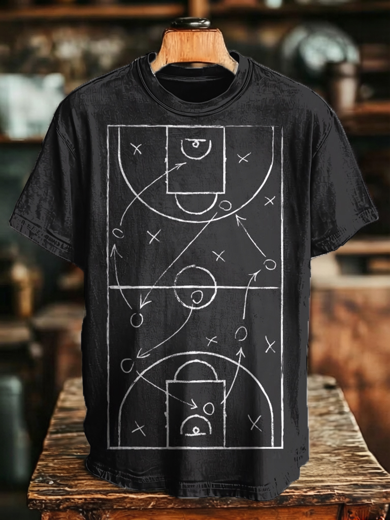 Men's Chalkboard Sketch Basketball Court Play Print Casual T-Shirt