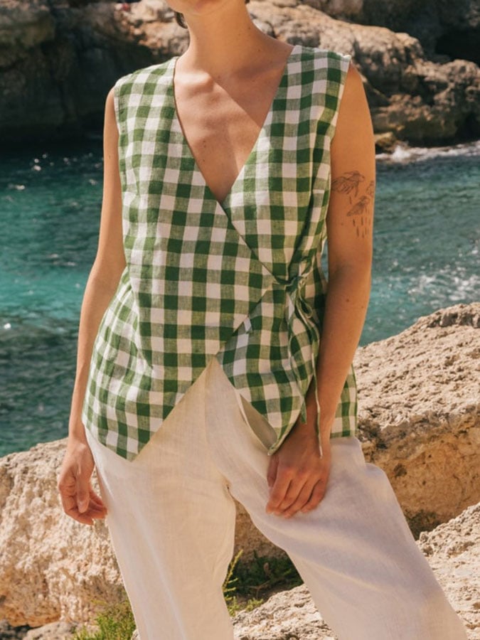 Women's cotton and linen plaid tie sleeveless shirt