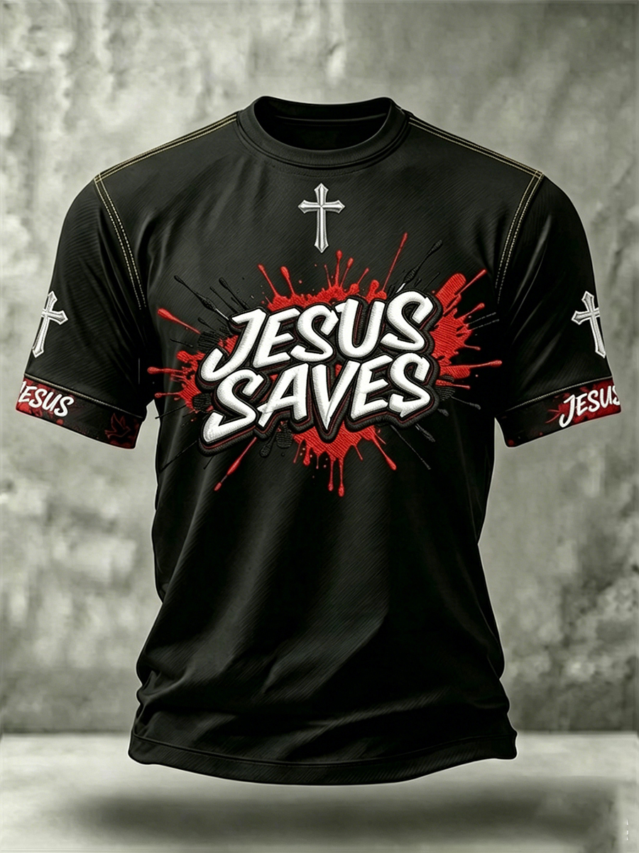 Men's Jesus Saves Cross Print Cotton Casual T-Shirt