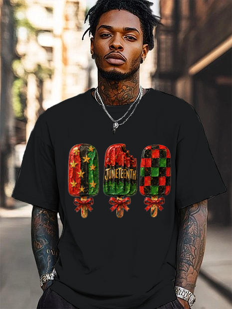 Men's Colorblock Ice Lollipop Juneteenth Print Cotton Casual T-Shirt