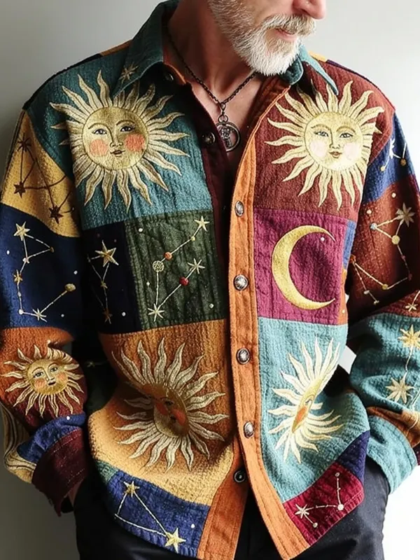 Men's Retro Sun And Stars And Moon Art Print Long Sleeve Shirt