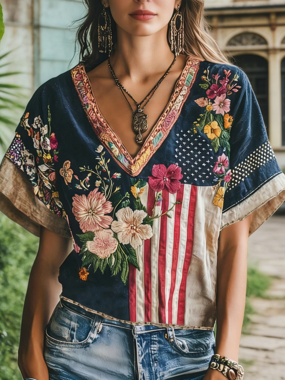 Women's Vintage American Flag Floral Print V Neck T-Shirt