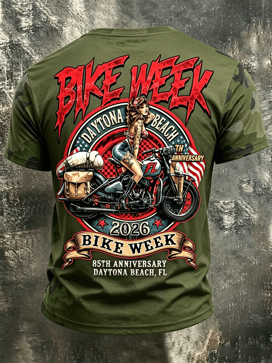 Men's 2026 Daytona Bike Week 85th Anniversary Camo Motorcycle Art Print T-Shirt