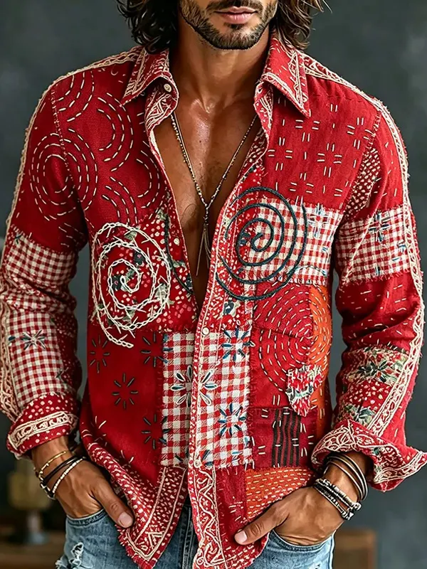 Men's Retro Ethnic Art Print Long Sleeve Shirt