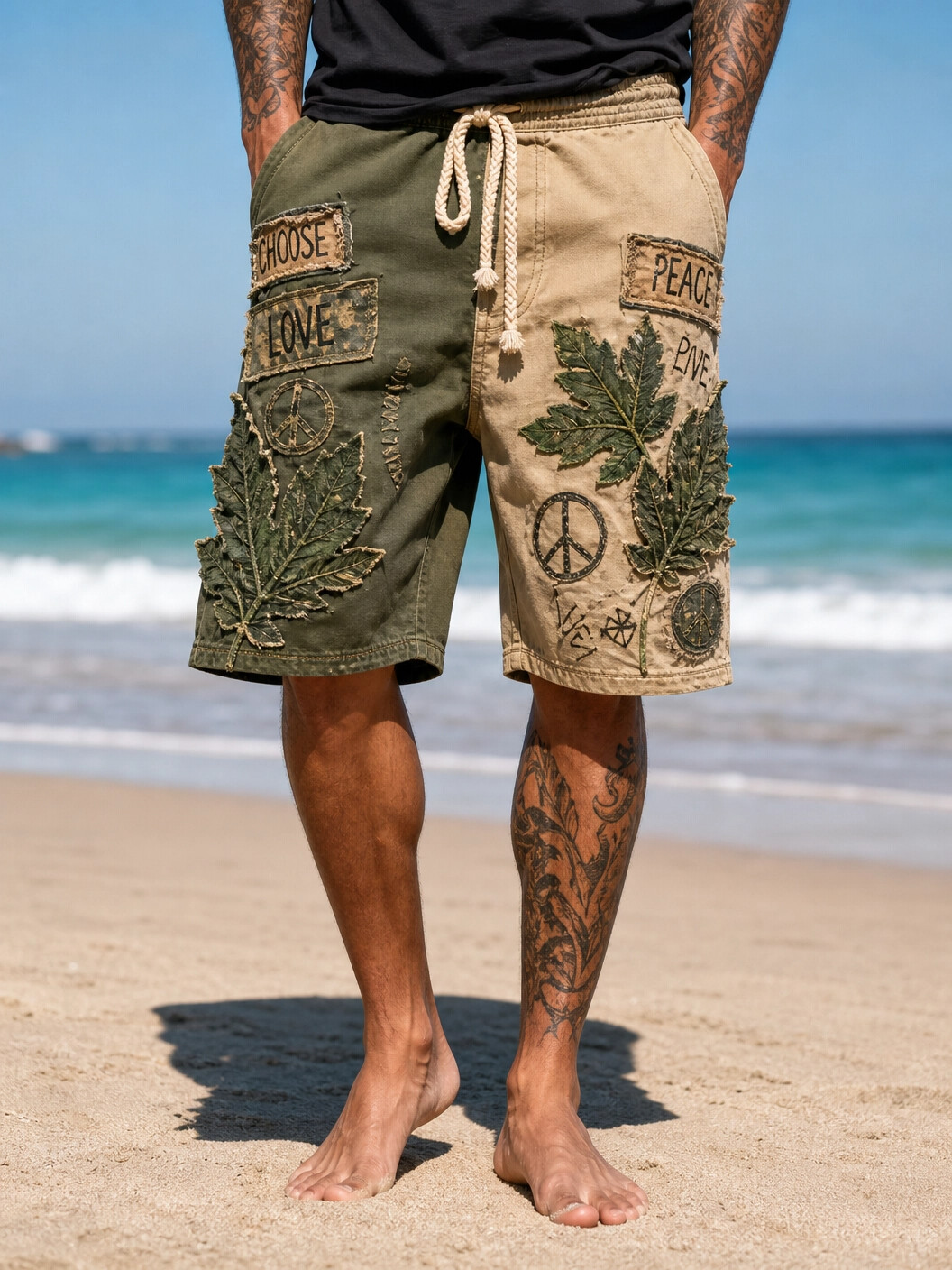 Men's Two-Tone Hippie Peace & Cannabis Leaf Patchwork Print Casual Shorts