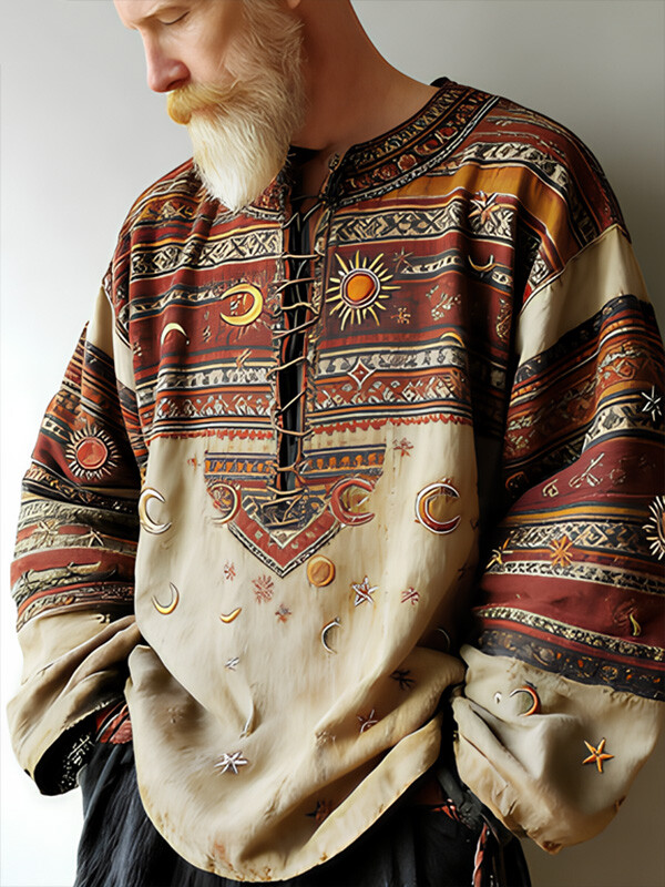 Men's Retro Ethnic Style Sun Moon Graphic Print Long Sleeve T-Shirt