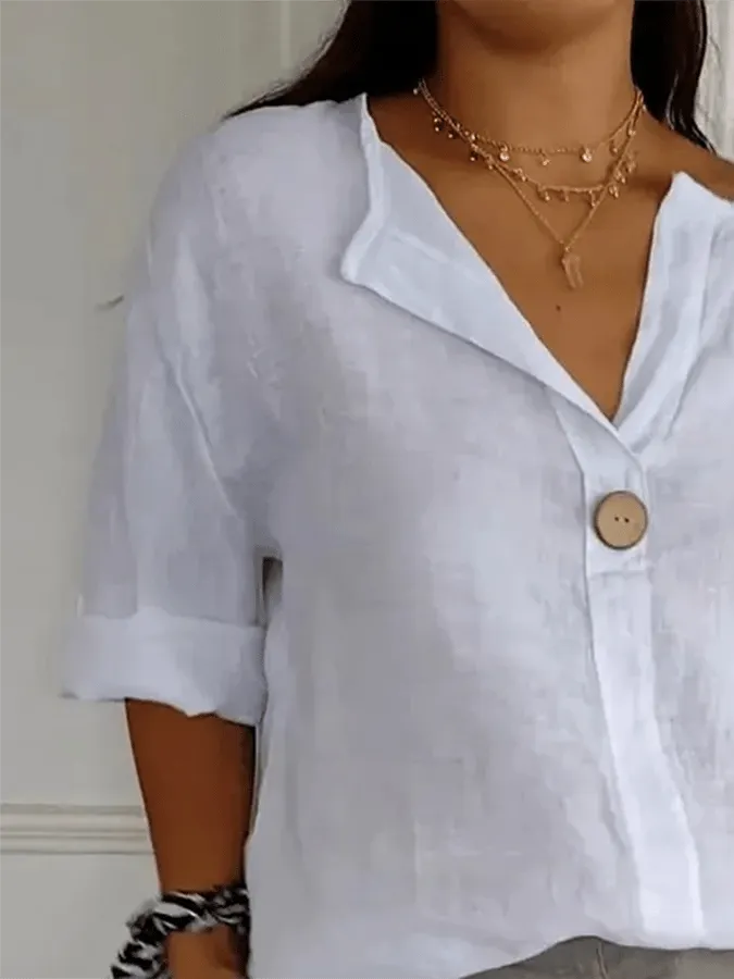 Women's Solid Color V-Neck Button Design Casual Cotton And Linen Shirt