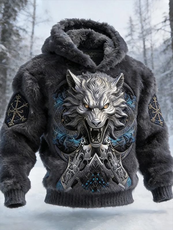 Men's Fierce Wolf Art Print Flannel Hoodie