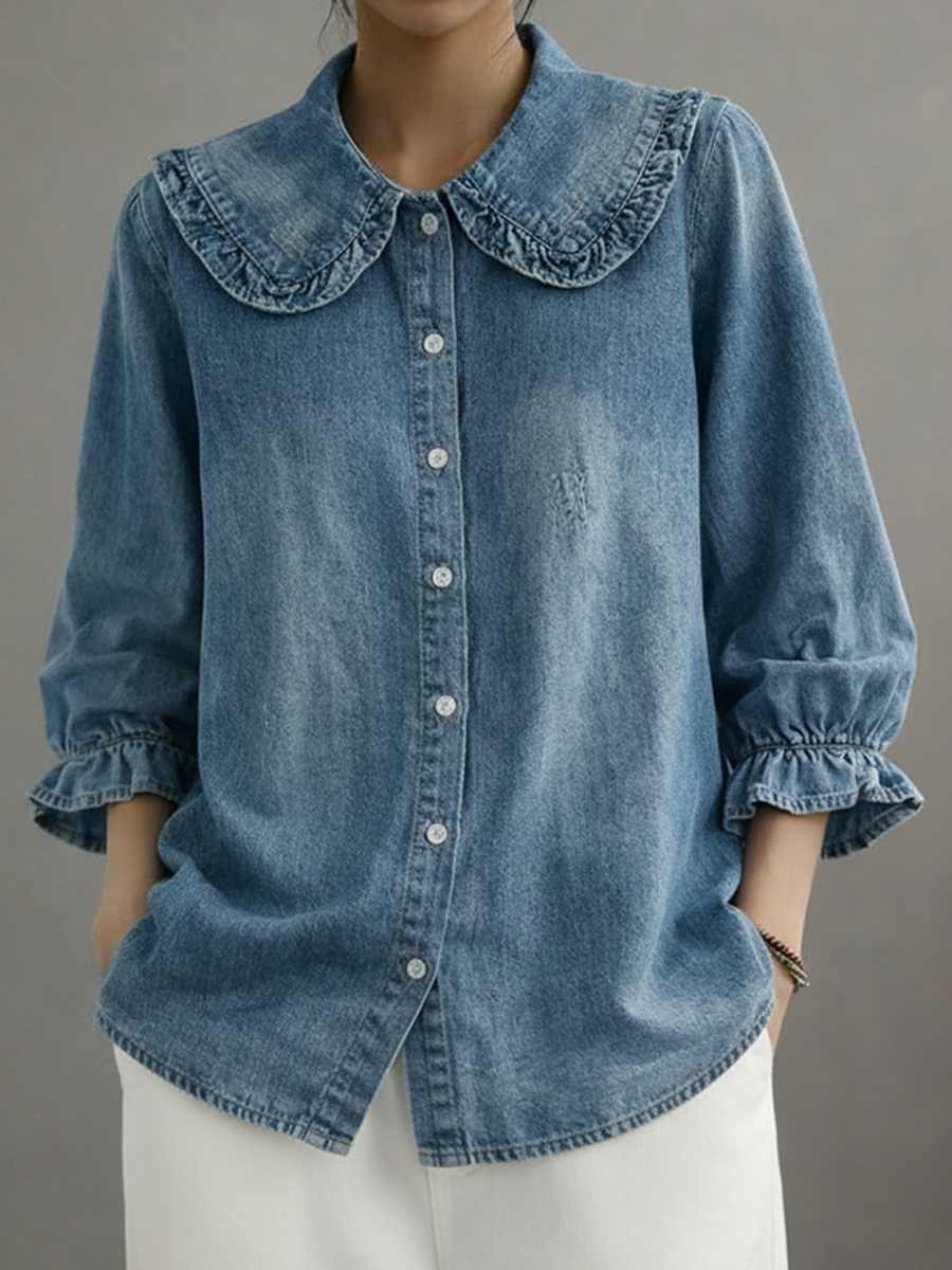 Women's Peter Pan Collar Denim Cotton Shirt
