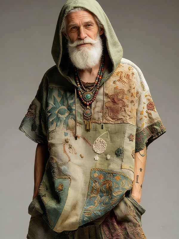 Men's Retro Plants Sun Patchwork Art Print Casual Hooded T-Shirt