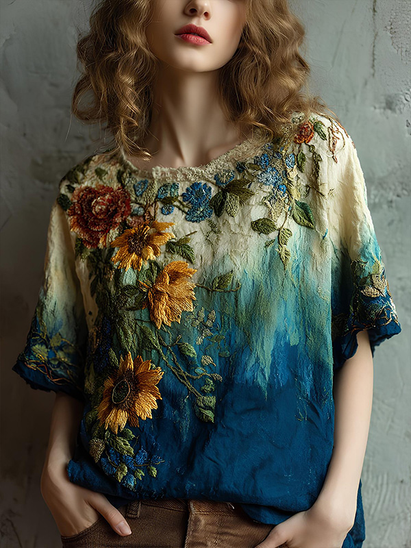 Women's Ombre Floral Sunflower Art Print Casual T-Shirt