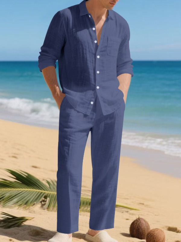 Men's Casual Solid Color Long Sleeve Shirt Straight-Leg Pants 2pcs Set
