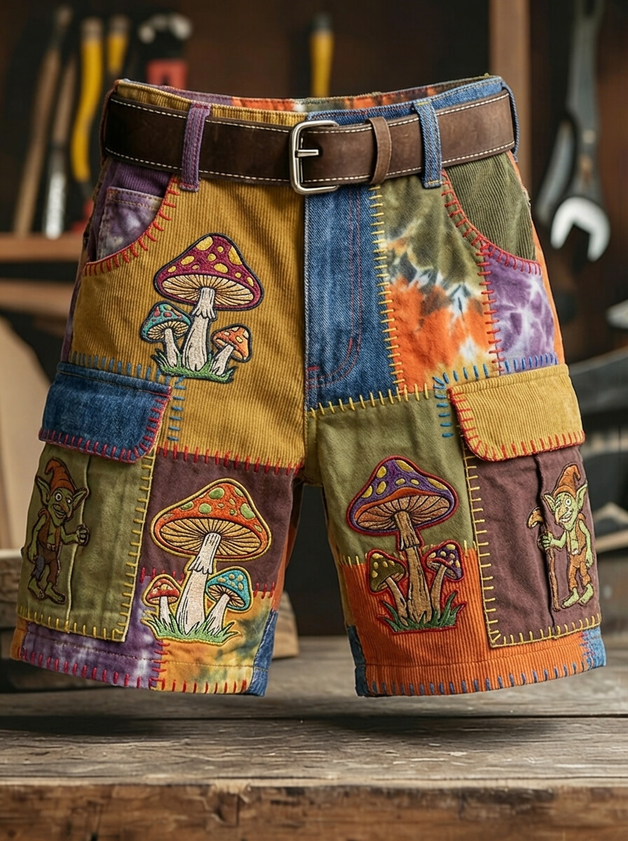 Men's Hippie Art Colorblock Elf Mushroom Printed Casual Cargo Shorts