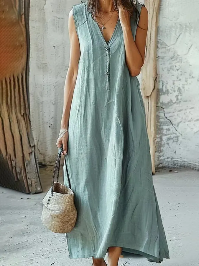 Women's Solid Color Cotton And Linen Mid-Length Sleeveless Vest Dress