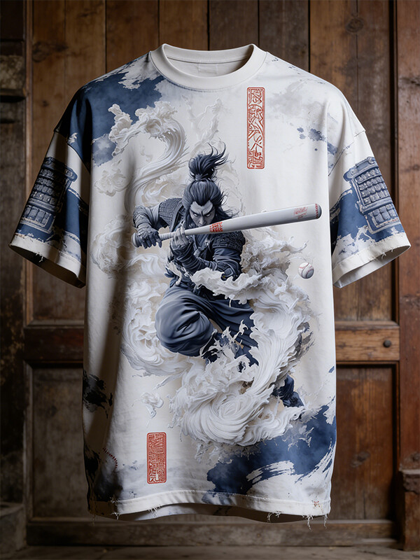 Men's Japanese Samurai Baseball Ink Wash Art Print T-Shirt