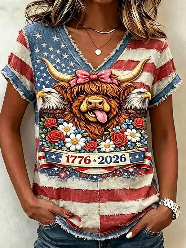 Women's Independence Day Highland Cattle Stars and Stripes Print Casual V Neck T-Shirt