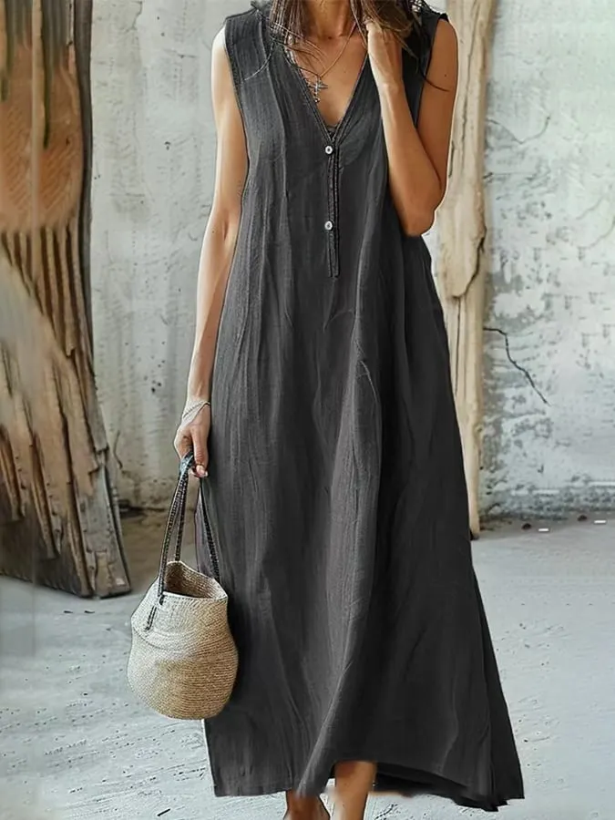 Women's Solid Color Cotton And Linen Mid-Length Sleeveless Vest Dress