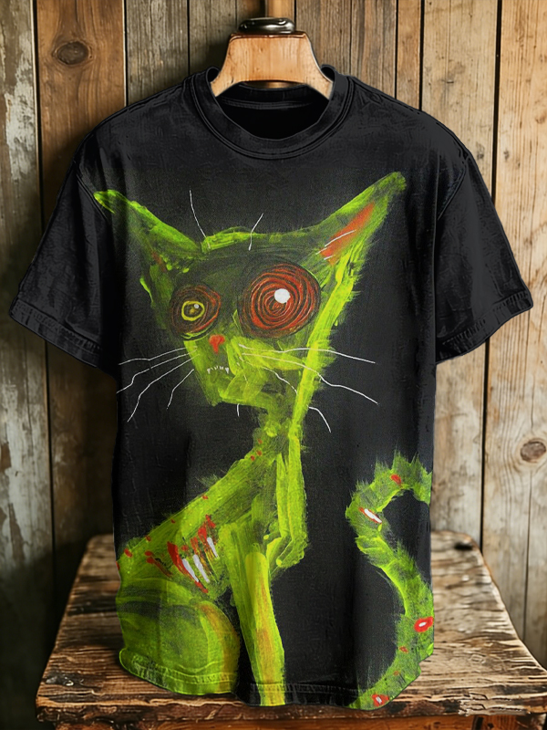 Men's Abstract Graffiti Art Funny Cat Print Casual T-Shirt