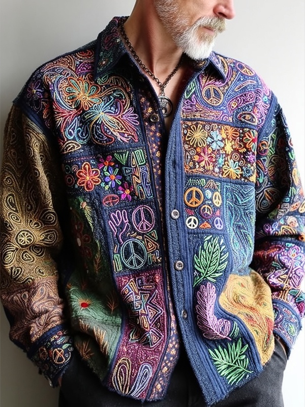 Men's Retro Floral Peace Symbol Hippie Print Long Sleeve Shirt