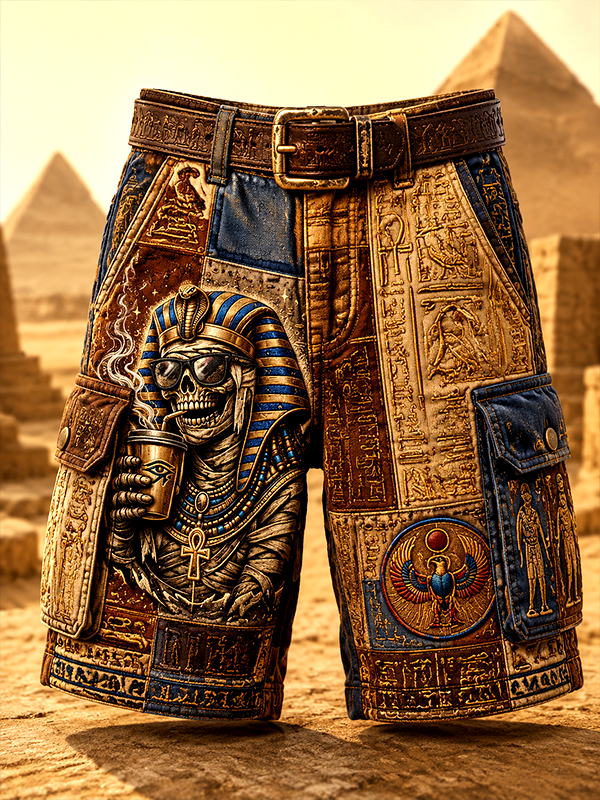 Men's Ancient Egyptian Symbols Pharaoh and Coffee Print Cargo Shorts