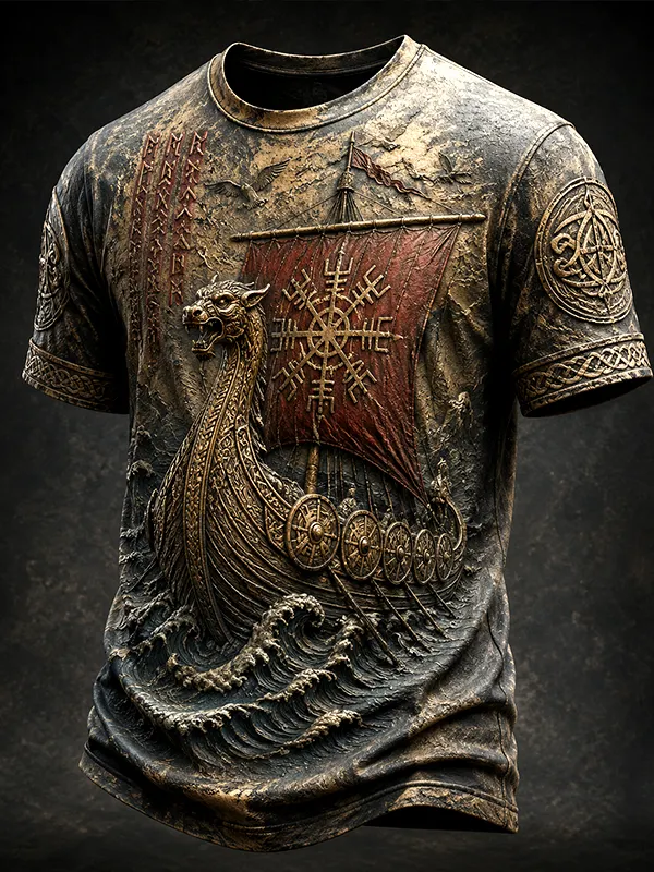 Men's Vintage Viking Dragon Ship Art Print T-Shirt