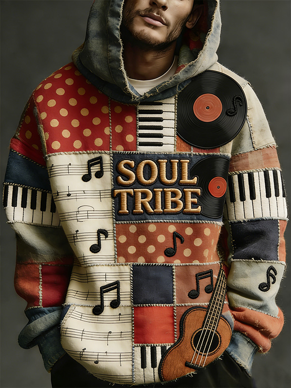 Men's Soul Tribe Vinyl Record Musical Note Color Block Print Casual Hoodie