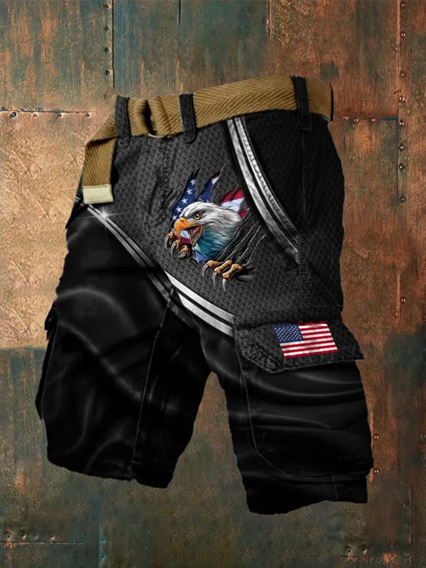 Men's Independence Day USA Flag Eagle Print Denim-Like Cargo Shorts
