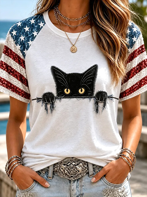 Women's Black Cat And Shiny American Flag Art Print Casual T-Shirt