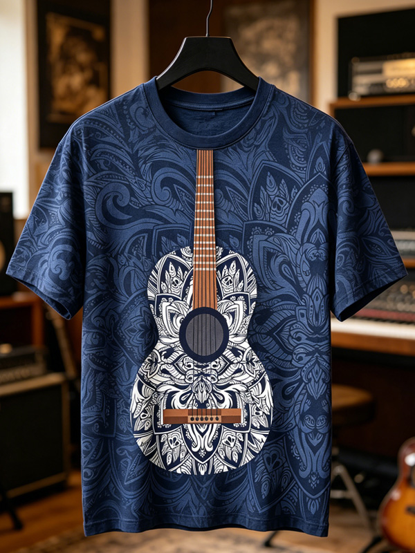 Men's Tribal Pattern Acoustic Guitar Art Print T-Shirt