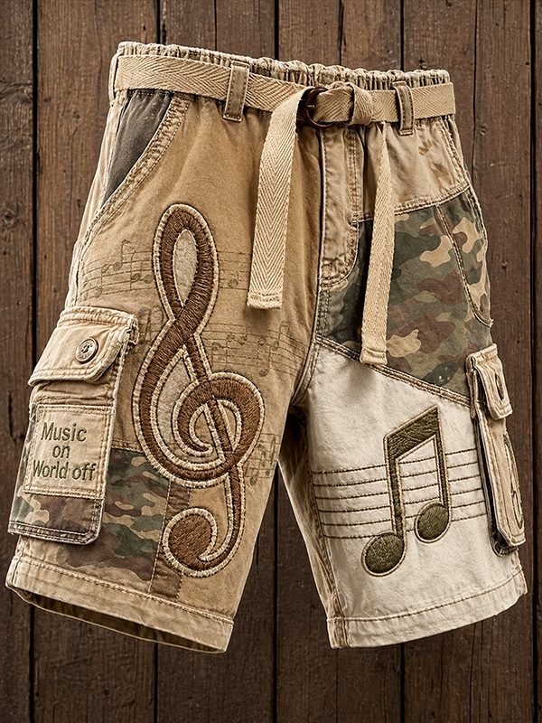Men's Music On World Off Retro Note Camouflage Geometric Patchwork Print Cargo Shorts