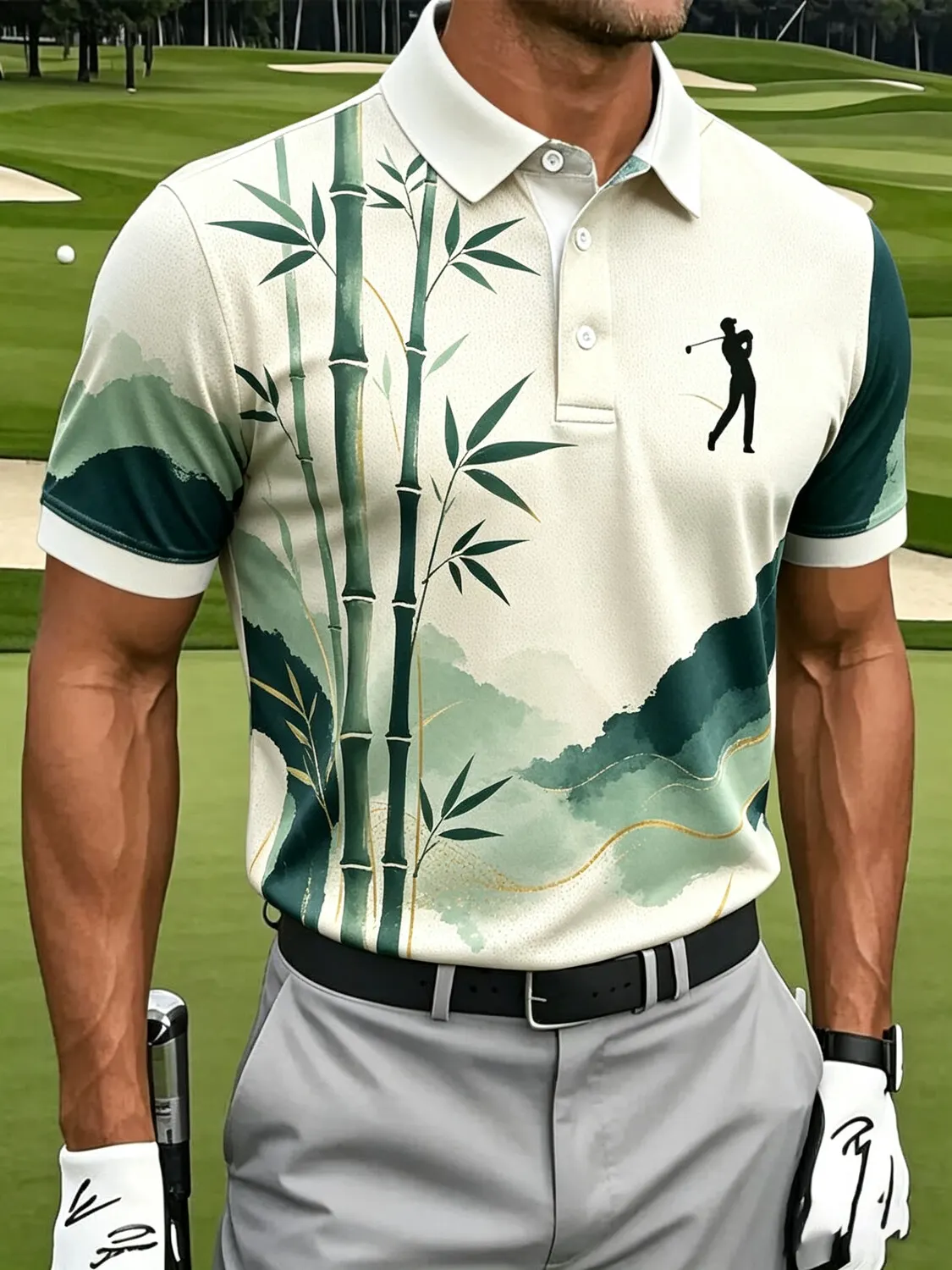 Men's Ink Wash Bamboo Mountain Golfer Art Print Polo Shirt