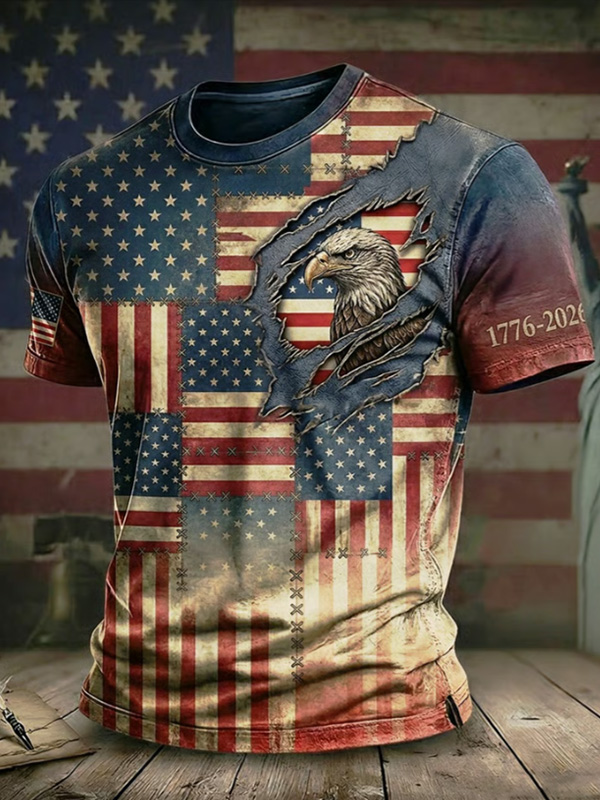 Men's Vintage American Flag Patchwork Bald Eagle 1776-2026 Print T-Shirt