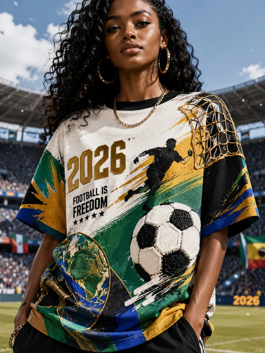 Women's Brush Stroke 2026 Football Is Freedom World Map Soccer Net Art Print Casual T-Shirt