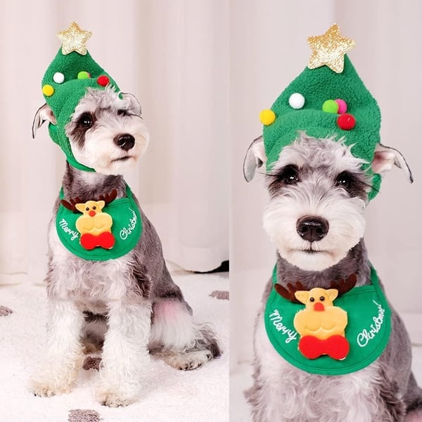 Dog and Cat Christmas Matching Costumes-Tree Pompon Hat & Reindeer Bib Set