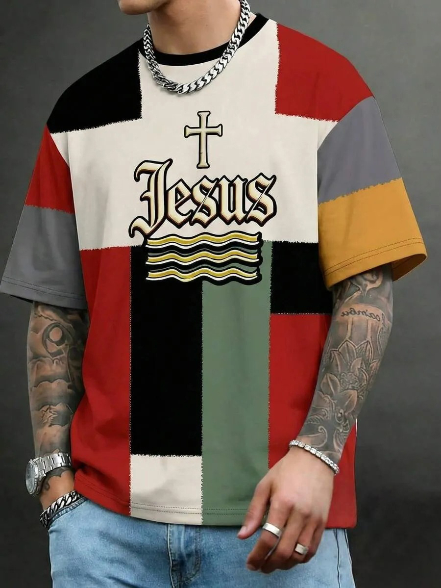 Men's Color-Blocking Geometric Mosaics Faith Jesus Print T-Shirt