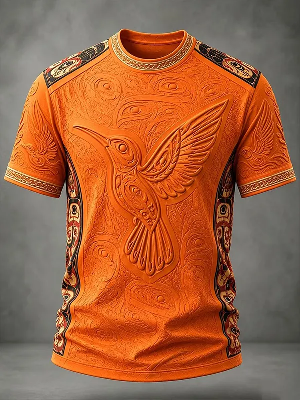 Men's Hummingbird Embossed Print Casual T-Shirt