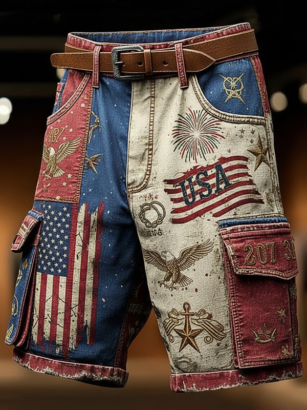 Men's Contrast Color USA Eagle Firework Print Denim-Like Cargo Shorts