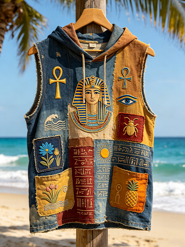 Men's Vintage Egyptian Pharaoh Ankh & Eye Of Horus Patchwork Print Hooded Tank Top