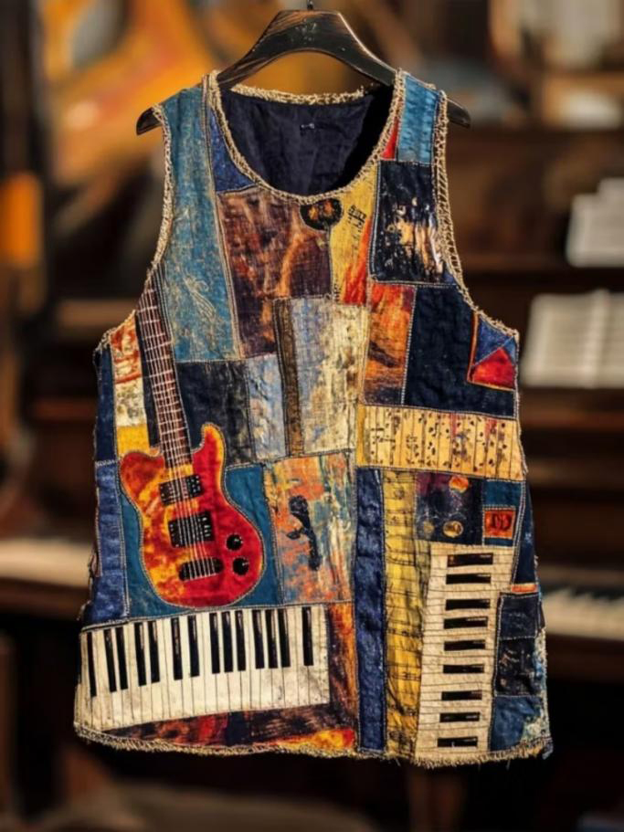 Men's Vintage Patchwork Guitar Piano Key Art Print Tank Top