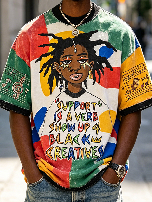 Men's Retro Fun Black Music Print T-Shirt