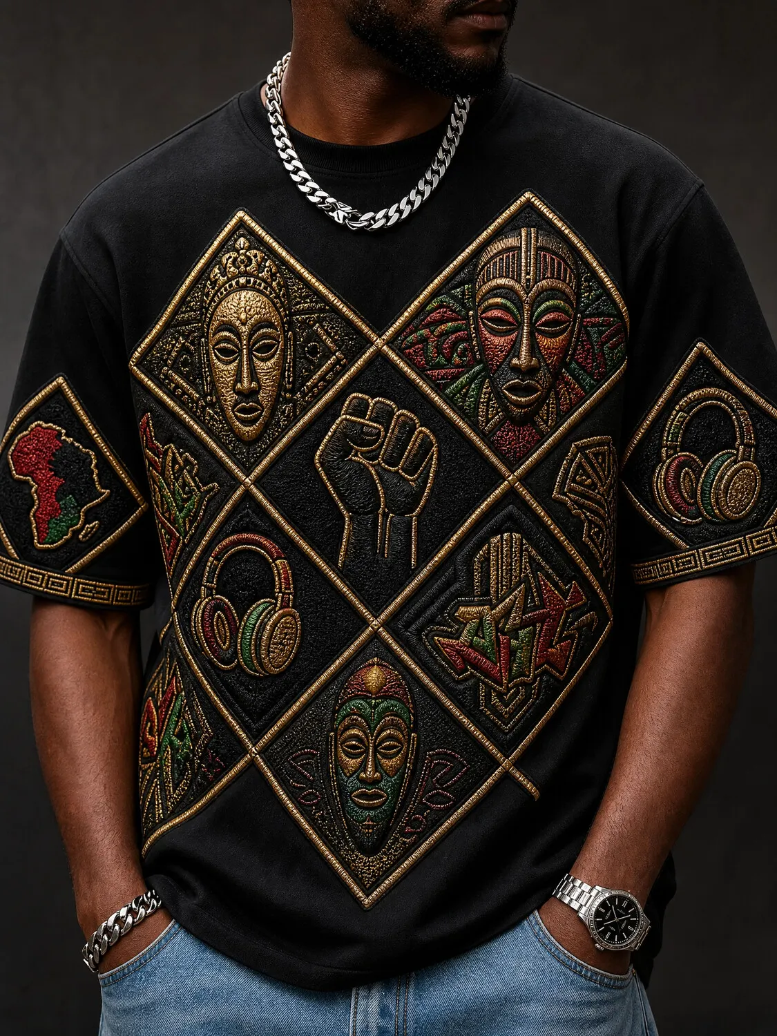 Men's African Tribal Mask Black Power Fist Hip Hop Print T-Shirt