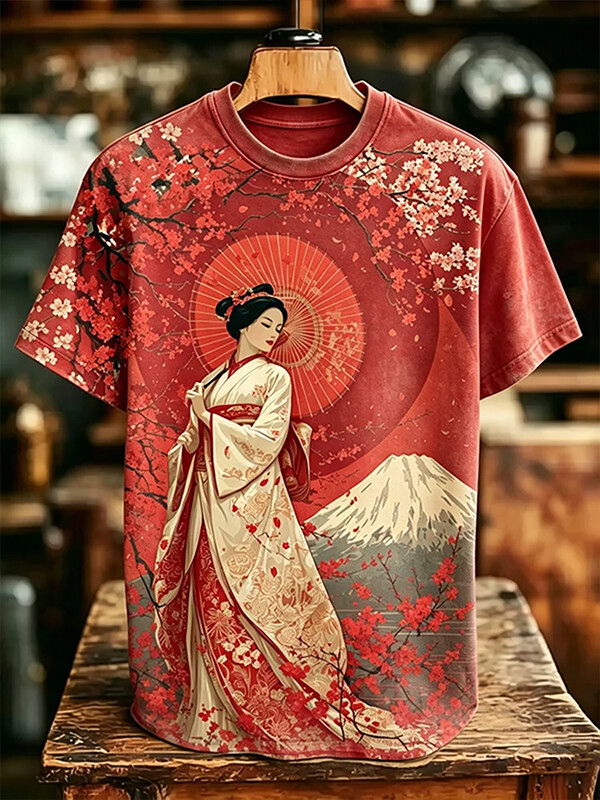 Men's Japanese Geisha Cherry Blossom Mount Fuji Print Casual T-Shirt