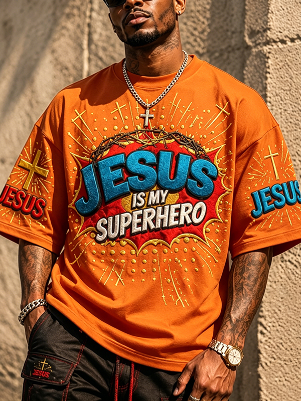 Men's Jesus is My Superhero Cross Graphic Print Cotton Casual T-Shirt