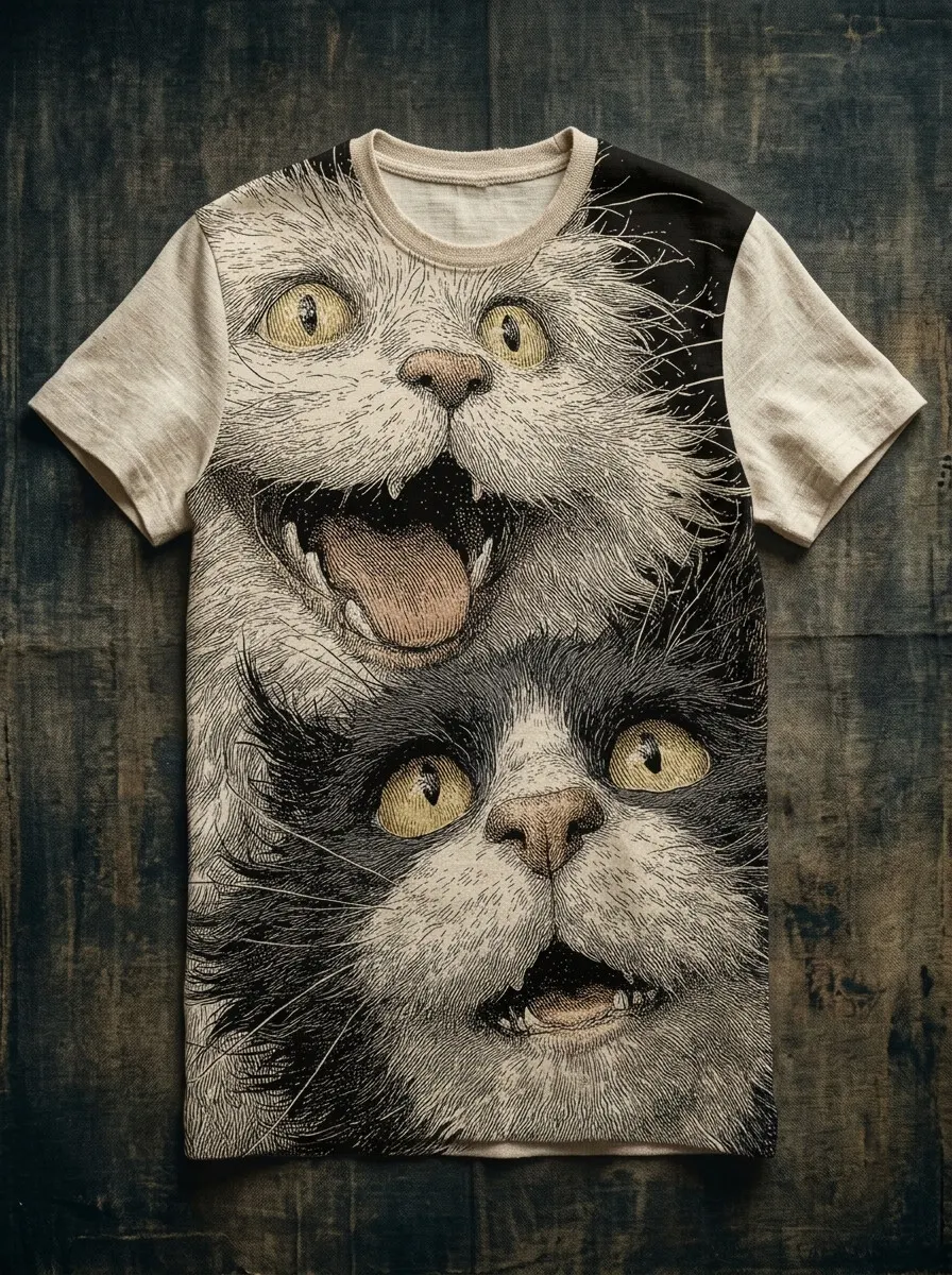 Men's Fuzzy Cats Illustration Print Casual T-Shirt