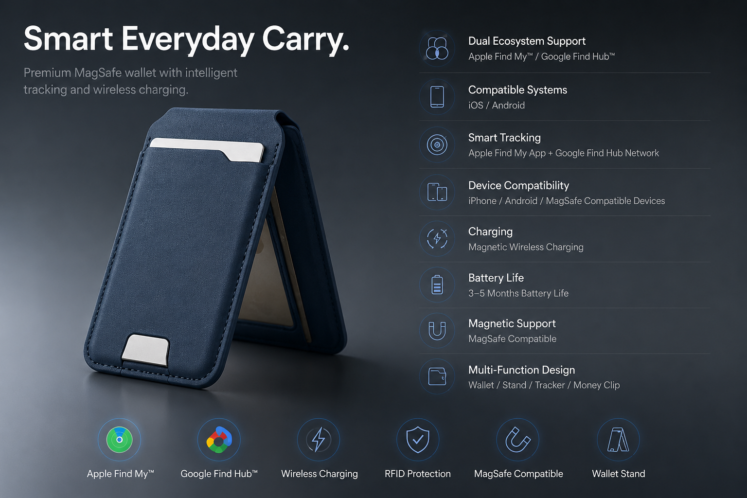 Smart MagSafe Wallet Made of Genuine Nappa Leather – with Apple Find My™ & Google Find Hub™, RFID Protection, and Wireless Charging.