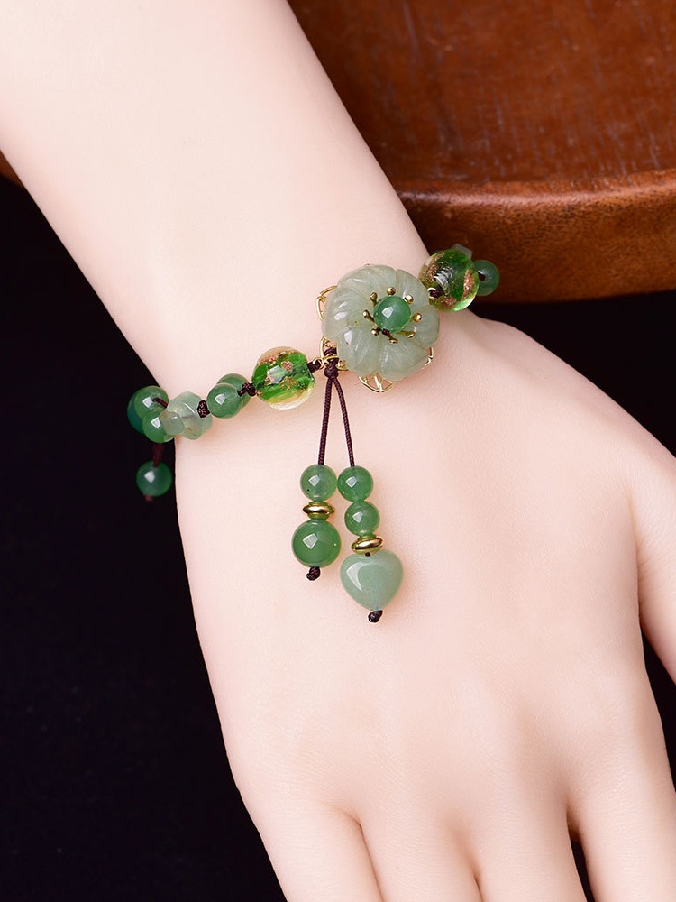 Buddha Stones Natural Green Jade Beaded Luck Dangling Flower Bracelet