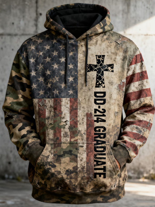 Men's DD-214 Graduate American Flag Camo Art Print Pocket Hoodie